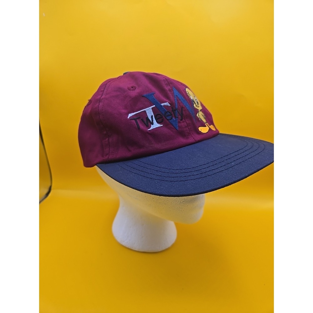 Vtg 90s Looney Tunes Tweety Bird Snapback Hat Maroon Navy Blue Embroidered TW